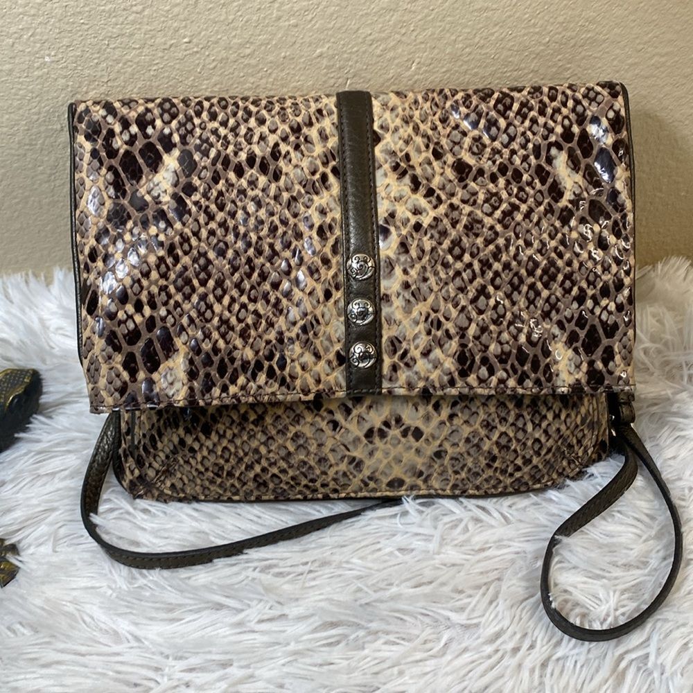 BRIGHTON Foldover Crossbody Organizer Snake Print Leather